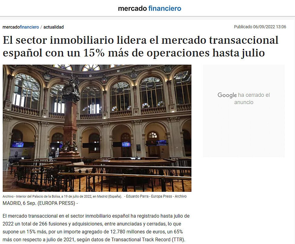 El sector inmobiliario lidera el mercado transaccional espaol con un 15% ms de operaciones hasta julio